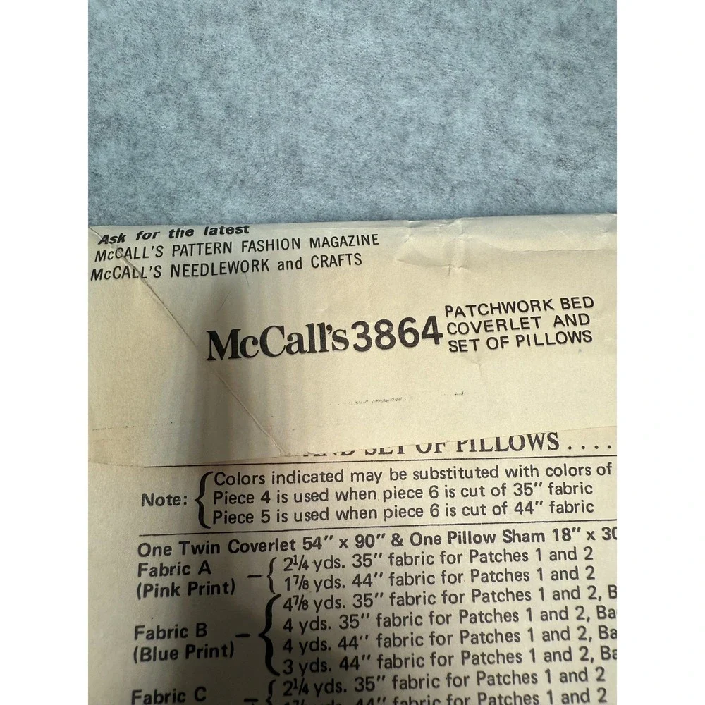 Vintage McCall's‎ 3864 Patchwork Bed Coverlet Pillow Pattern Uncut Pillows 70's